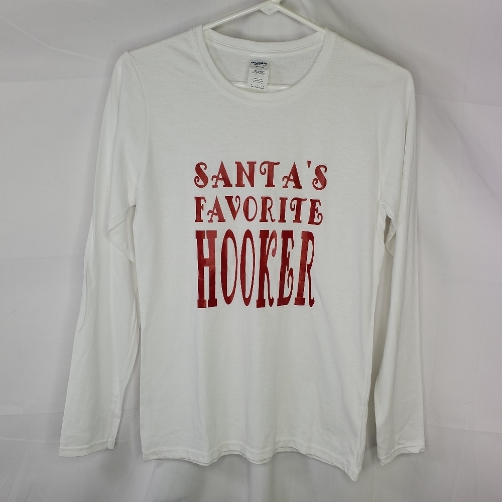 Gildan "Santa's Favorite Hooker" Long Sleeve White T-shirt Size Small